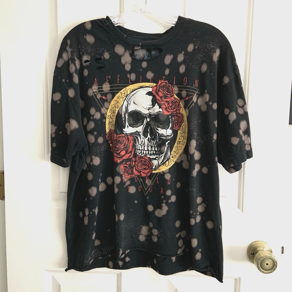 Affliction Distressed T Shirt Skull Roses World Tour Black Bleach Wash Women XL